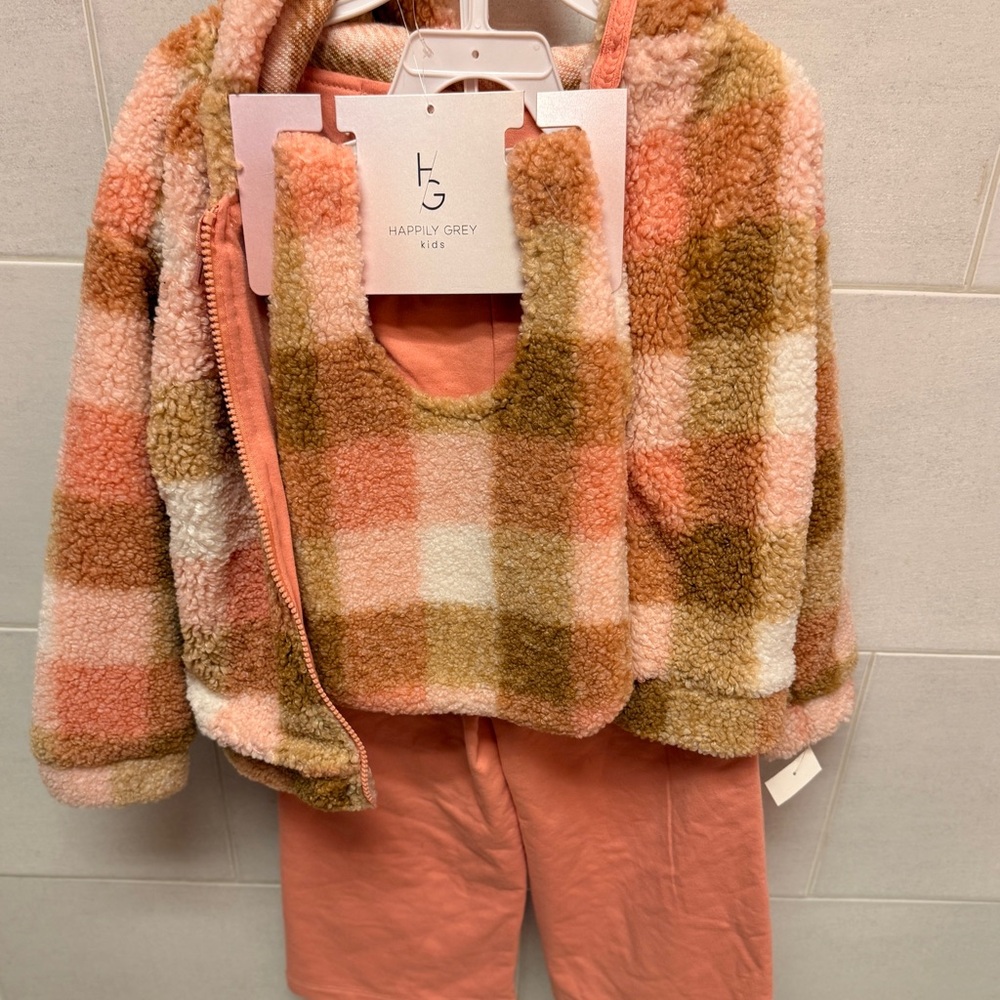 Happily Grey Kids Plaid Set - Peach and Olive Size S (5/6)